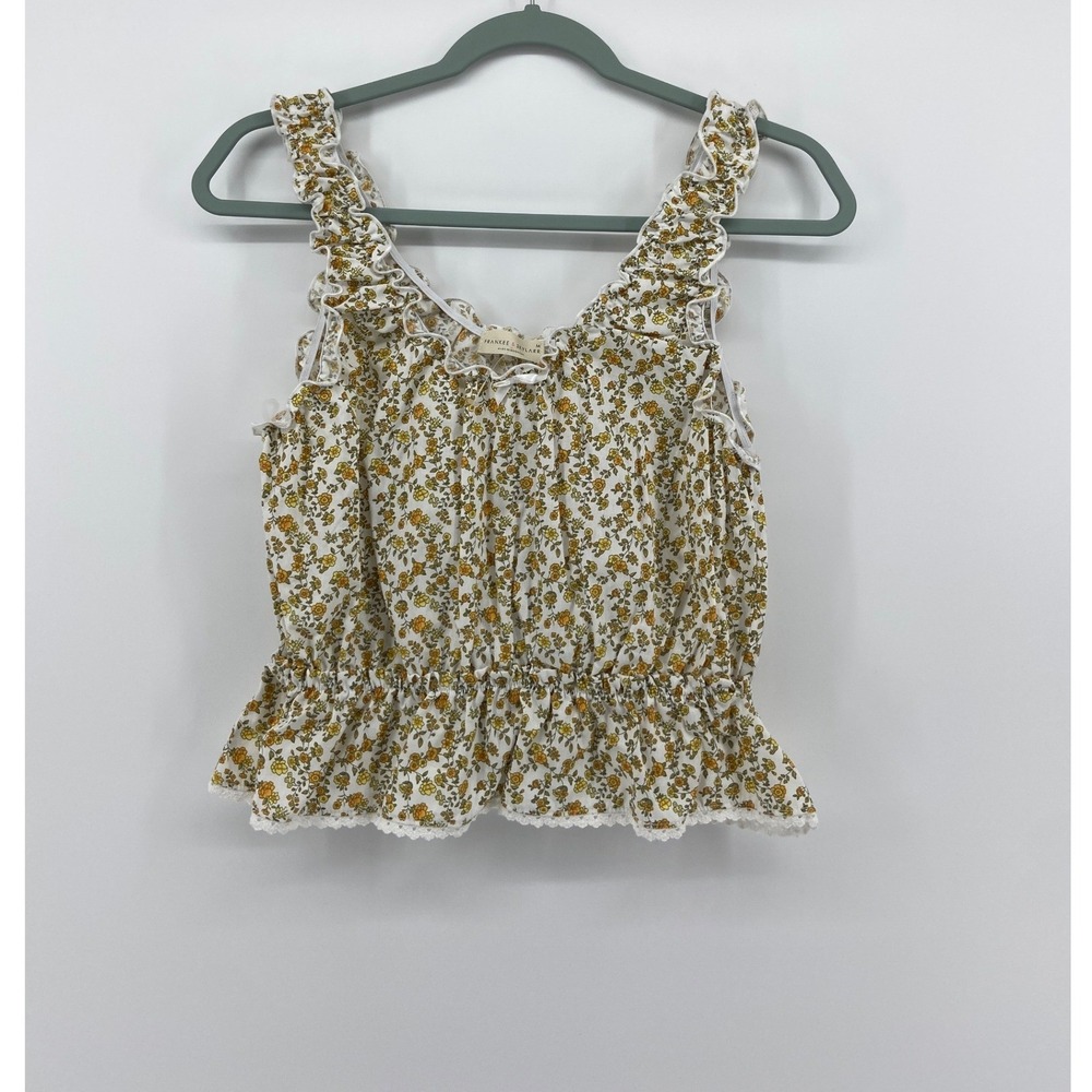 Frankee & Skylarr Floral Peplum Tank Top Ruffle Cottagecore White Yellow Medium